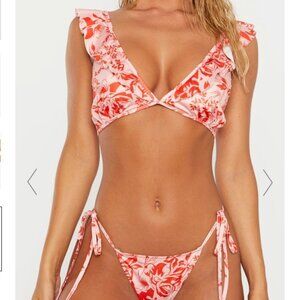 PrettyLittleThing PINK FLORAL RUFFLE BIKINI SIZE MEDIUM